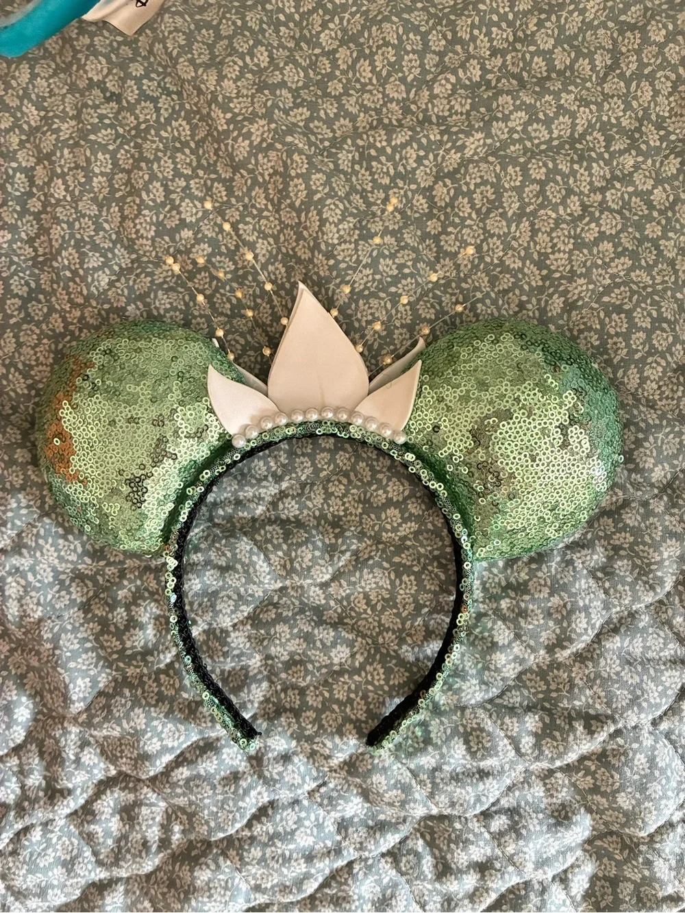 Green Sequin Princess Tiana Ear Headband with Pearl Accents